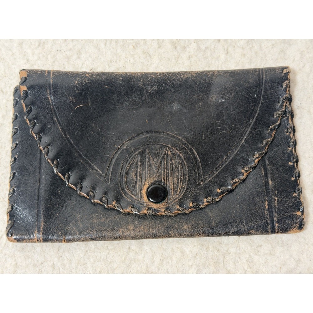 Handcrafted Leather Wallet Pouch Distressed Black Hand Laced Rustic Boho